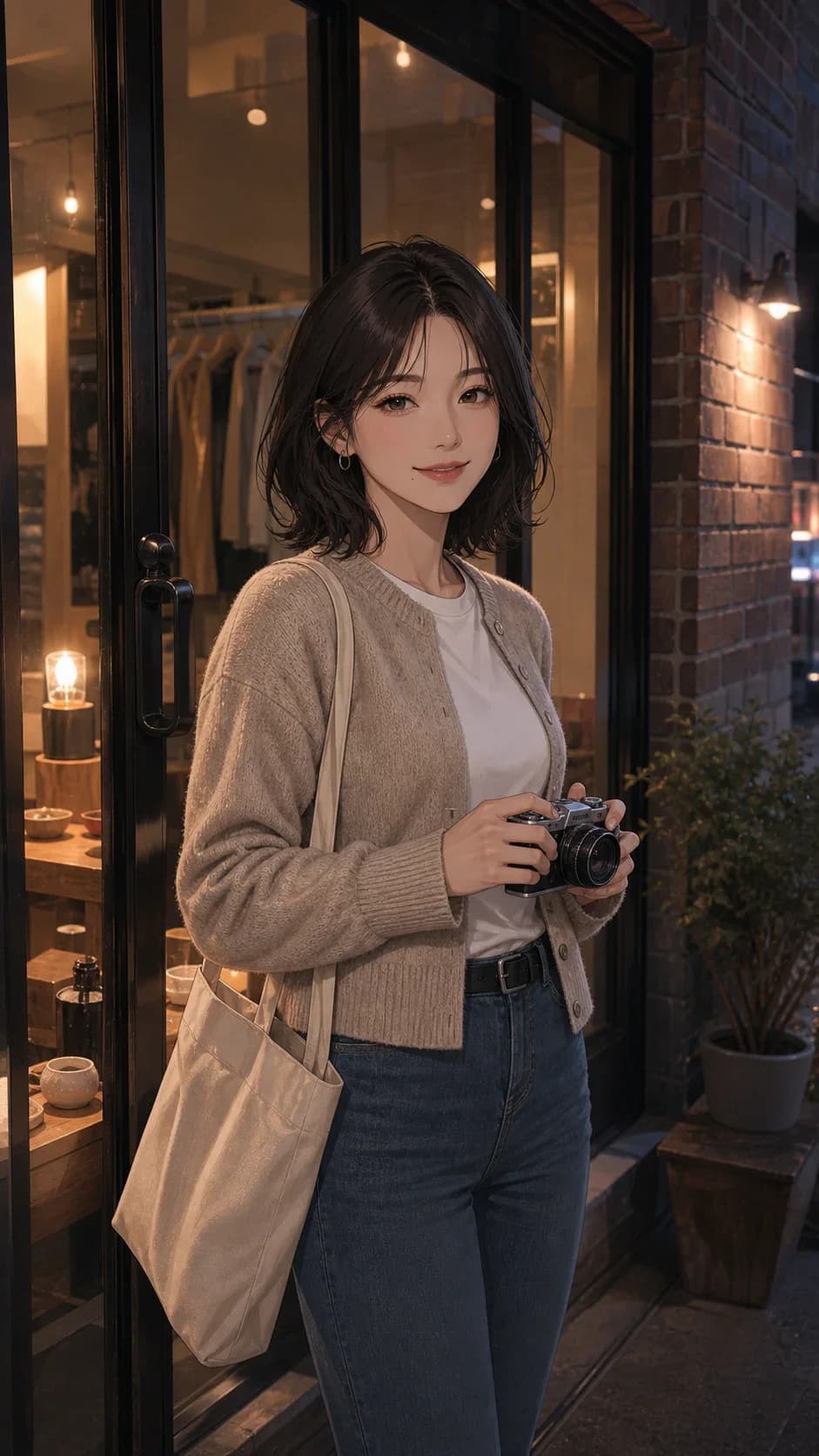 카메라를 들고 카페 앞에 선 BeMine 캐릭터 윤다은
